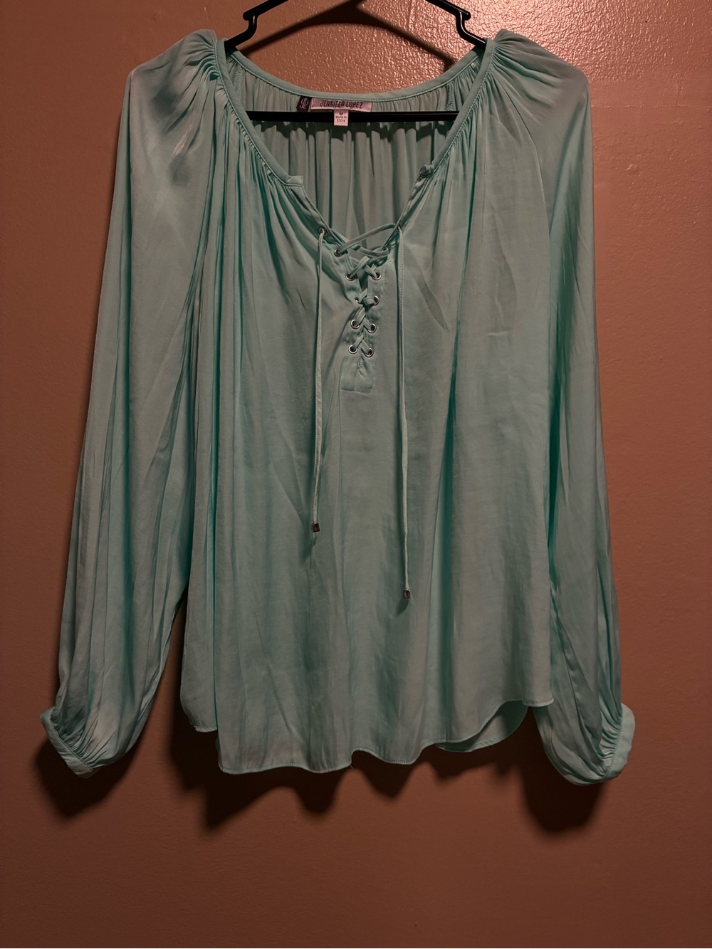 Jennifer Lopez Mint Green Lace-Up Peasant Blouse